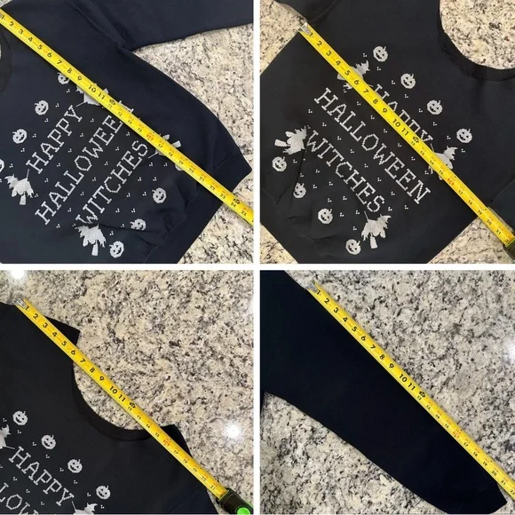 Women’s S Black Off-The-Shoulder Long-Sleeve Cropped Happy Halloween Witches Top - Picture 3 of 3